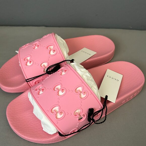 NWT Gucci GG pattern rubber sandals women's Pink 573922 size36 US6 - Picture 1 of 16
